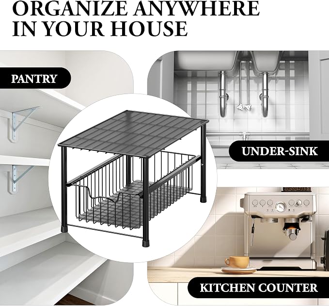 Simple Houseware Wired Stackable Under Sink Cabinet Sliding Basket, Black | Free Standing Organizer Drawer, Kitchen/Pantry/Cabinet/Counter