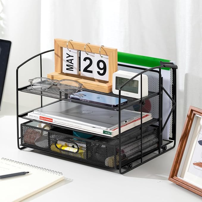 Amazon Basics Sturdy Rectangular Desktop Organizer with 3 Trays, Sliding Drawer and Hanging File Holder for Office Supplies, Black
