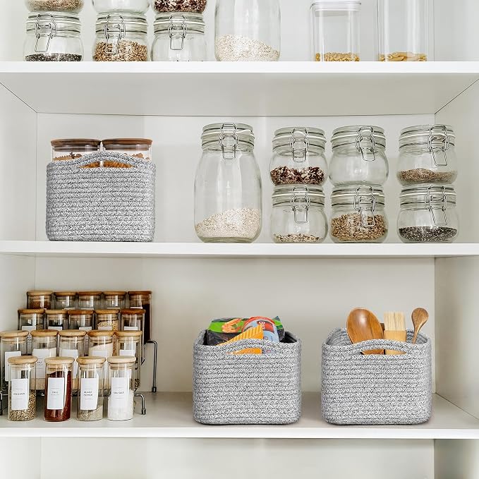 Goodpick 3-Pack Woven Baskets for Closet,13 x 8 x 5 in | Woven Baskets for Shelves, Closet Organizer Bins, Empty Baskets for Gifts,Woven Basket for Play Room, White & Gray