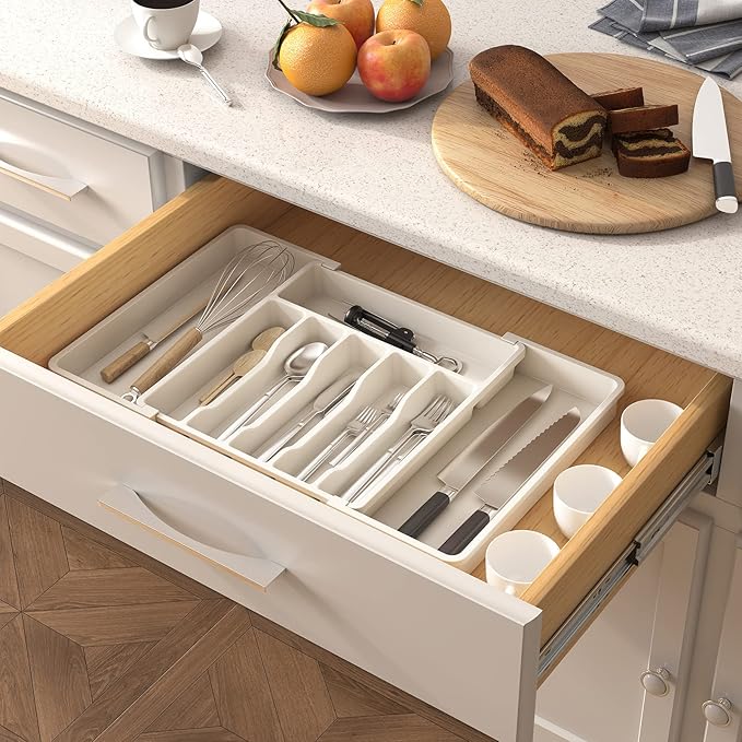 Lifewit Extra Large Silverware Drawer Organizer, Expandable Utensil Tray for Kitchen, BPA Free Flatware and Cutlery Holder, Adjustable Plastic Storage for Spoons Forks Knives, 13-22 x 15, White