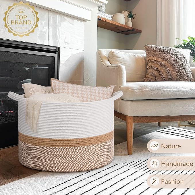 INDRESSME 115L Extra Large Woven Rope Blanket Basket Living Room WhiteCamel | 23.6" x 15.7" Storage baskets for toys laundry & pillows. Fits living room, bedroom or nursery décor. Soft-touch with handles