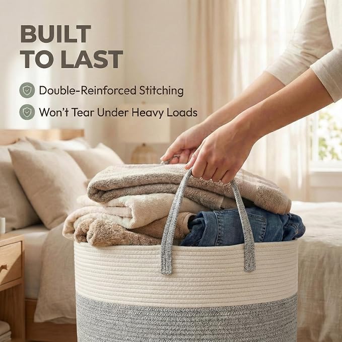 JMvicyroam 65L Extra Large Machine Washable Cotton Rope Blanket Basket | Collapsible laundry hamper, Reinforced handles, For blankets, pillows, toys and clothes, Living room and bedroom, White&Grey