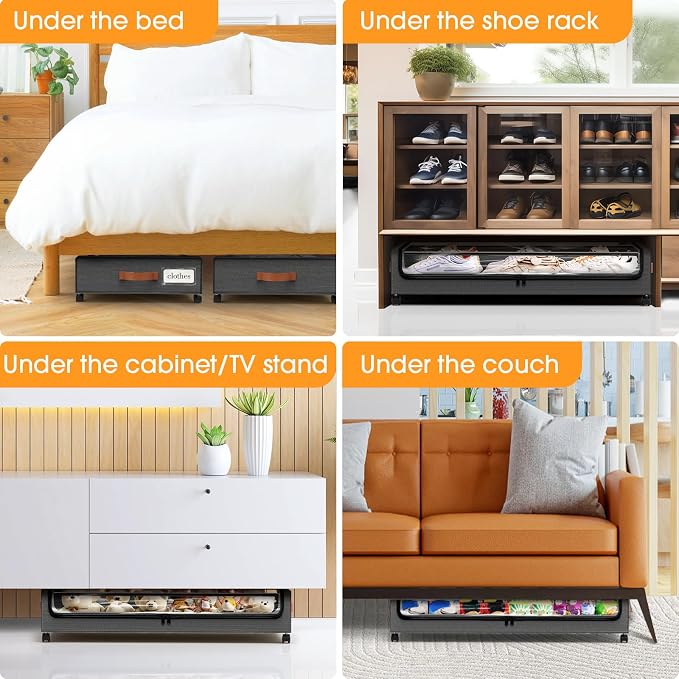 SpaceHacks Under Bed Storage with Wheels 2Pack Storage Containers with Clear Window&Label Under Bed Drawers Rolling Under Bed Storage for Clothes,Shoes, Blankets (30.71 x 16.93 x 6.69 in, Dark Grey)