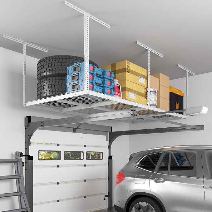 FLEXIMOUNTS 4x8 Overhead Garage Storage Rack, Adjustable Organization System, Heavy-Duty Metal Ceiling Racks, 750lbs Weight Capacity, White, Classic Series | 750lbs Weight Capacity, 22"-40" Adjustable Organization System, Heavy-Duty Metal Ceiling Racks...