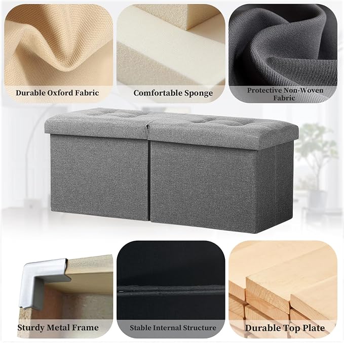 Bsketa Storage Ottoman Bench, 34" Folding Linen Foot Rest Stool, Dark Gray | Large Ottoman with Storage, Thicker Foam Padded Seat, Livingroom, Dorm, Bedroom, Easy to install, 86L,34 x 13 x 13in