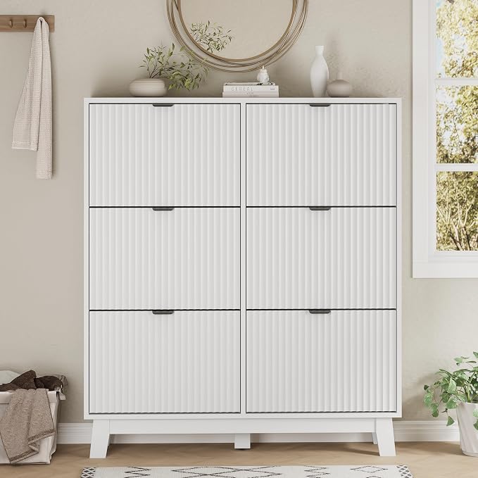 Xixini Shoe Cabinet with 6 Flip Drawers, 54" Tall Narrow Fluted Shoe Storage Organizer for Entryway, Hidden Slim Wooden Shoe Rack Cabinet for Front Door Entrance, Hallway, Living Room, Solid White