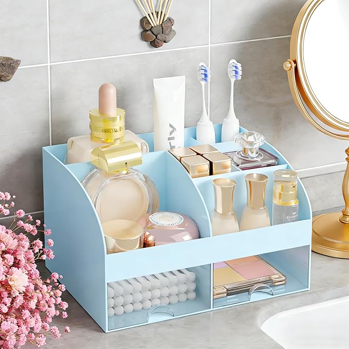 Makeup Organizer with 2 Drawers, Cosmetic Storage for Dresser Vanity and Bathroom Countertop,Make up organization and Skincare Storage with Beauty Brush Holder, Cosmetic Display Case (Blue)