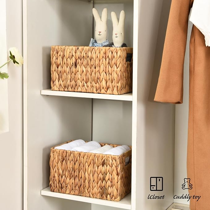 Water Hyacinth Rectangular Wicker Baskets, 12" Wicker Basket 2 Pack, Woven Storage Baskets with Handles