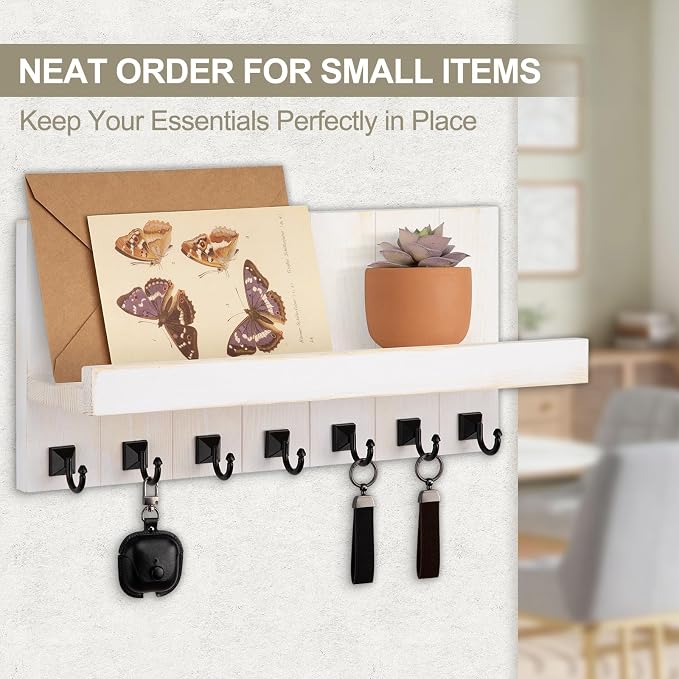 Key Holder for Wall, Decorative Key Holder with Shelf, Key and Mail Holder Wall Mount, Farmhouse Decor with 7 Key Hooks for Keys, Coats, ect.