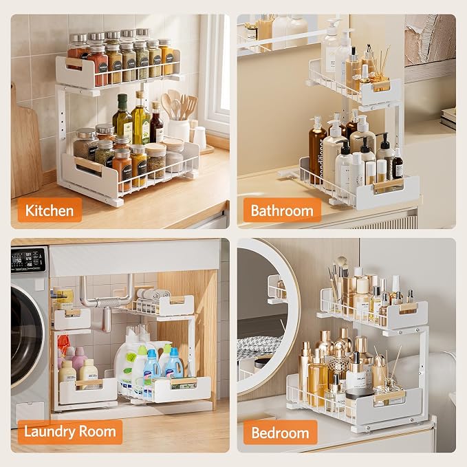 Delamu Under Sink Organizer Kitchen, 2-Tier Pull-Out Cabinet Shelf, 2-Pack | 2-Tier Smooth Slide, 5 Adjustable Heights, Anti-Tip Suction Cups, Sturdy Metal, For Kitchen Bathroom Pantry Laundry, White