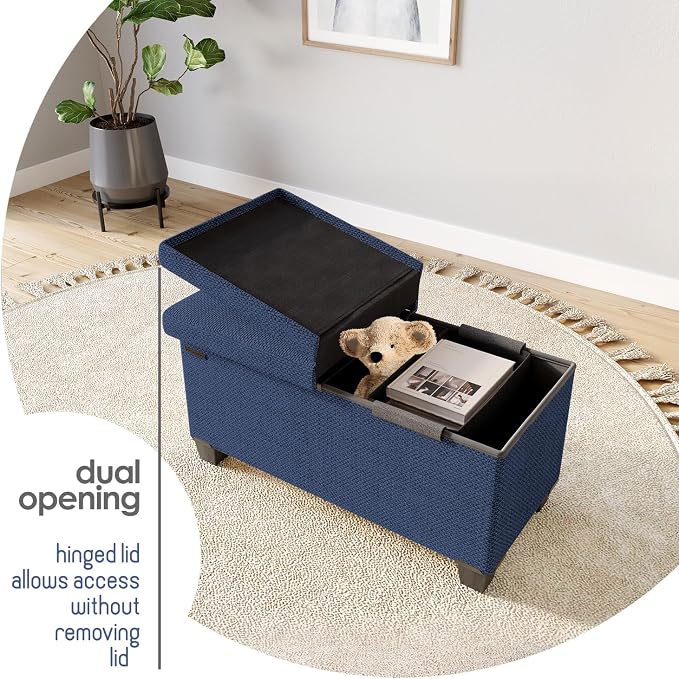 Storage Ottoman Bench with Bins, 30-in Storage Bench for Bedroom End of Bed, Folding Foot Rest Ottoman for Living Room Max 660lbs, Fabric Ottomans, Blue