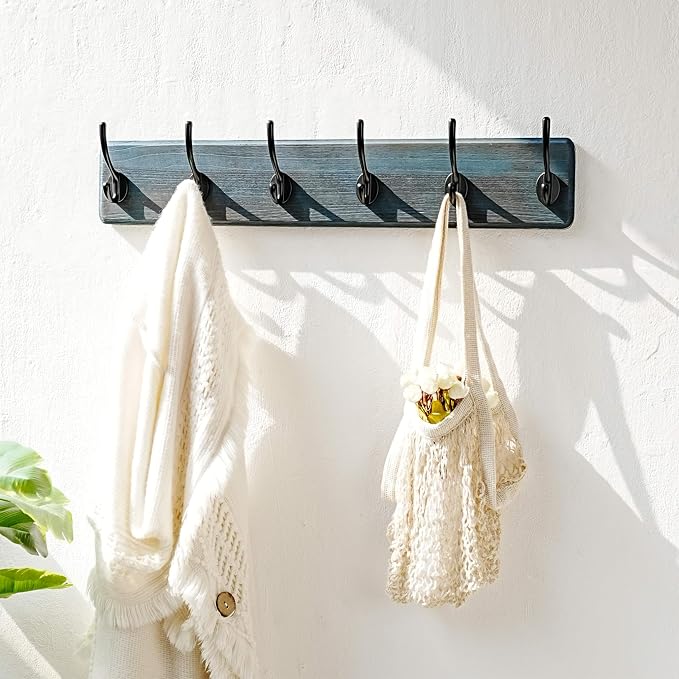 Coat Rack Wall: 24" Long, Patented, Heavy-Duty, 6-Double-Hooks Wooden Wall Mounted Coat Rack Coat Hanger Hook Rail for Winter Coats Hat Jacket Clothing, Weathered Blue