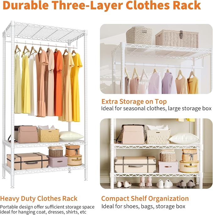Heavy Duty Garment Rack 600 Lbs Load Stable Clothes Rack for Hanging Clothes Wardrobe Closet with Adjustable Shelves & Hanging Rod 17.7" D x 35.4" W × 68'' H White