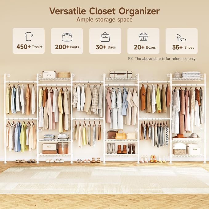H6 Wall Mounted Closet System, Industrial Pipe Clothes Rack Clothing Racks with 6 Telescopic Rods & 3 Fixing Rods & 9 Shelves, Heavy Duty Closet Organizers and Storage in Wardrobe Closet (White)