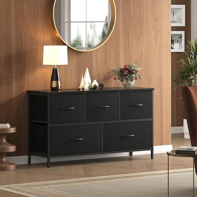 OLIXIS 5 Drawer Black Dresser for Bedroom, Closet Chest Organizer Furniture | TV Stand for Living Room Hallway, Wide Fabric Storage Tower with Wooden Top and Metal Frame