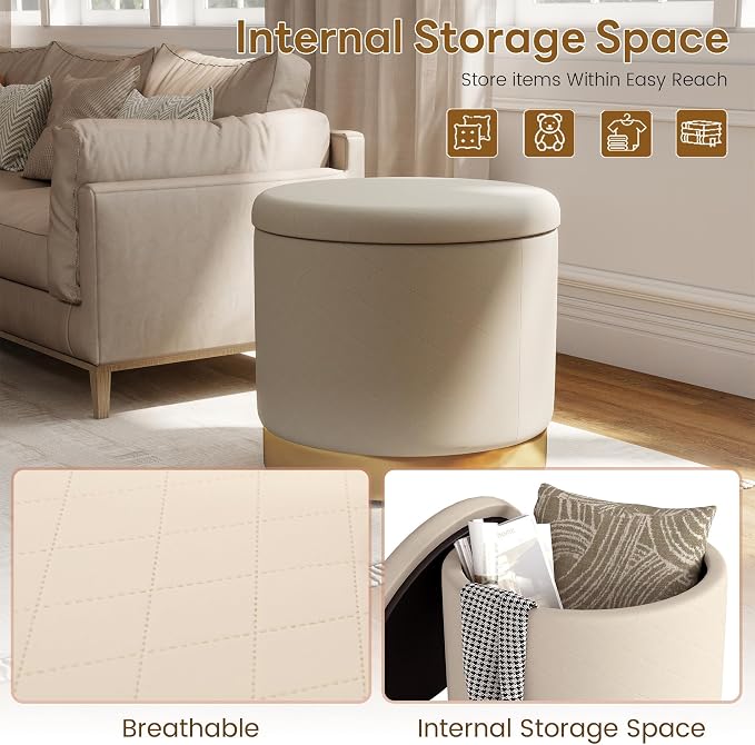 KROFEM Round Boucle Storage Ottoman 19.5" x 17.7",Foot Stool with Reversible Tray Lid for Living Room and Bedroom,Beige