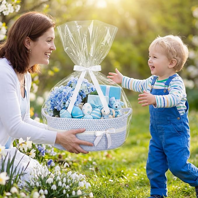 Colingmill 1 Set Woven Empty Basket for Gift,Blue White | with Cellophane Wrap Set, 14 x 10 x 5.5 Inch, Medium Decorative Gift Basket, Cotton Rope Storage Box, Home Decor