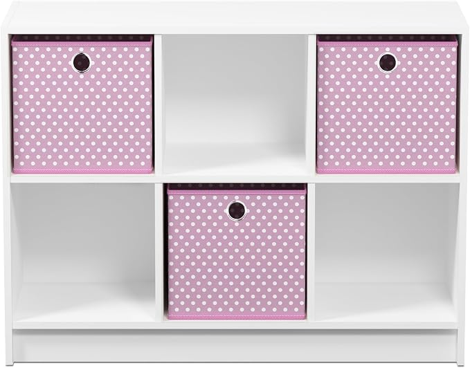 Furinno BASIC Book Shelf, 6-Cube Bookshelf with Open Shelf, 3 x 2 Bookcase with Storage Bins, Closed Back, Horizontal, 11.9 x 31.6 x 23.6, for Living Room, Bedroom, Home Office, White/Pink