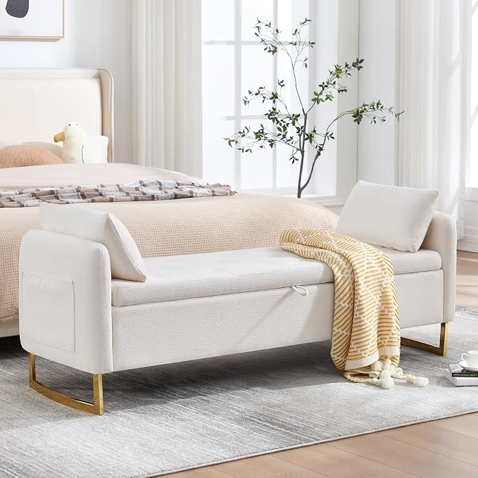 65" Storage Ottoman Bench, Storage Bench for Bedroom, End of Bed Storage Bench with Tufted Upholstered and Gold Legs, Bedroom Benches with Arms Window and Entryway, Chenille Cream