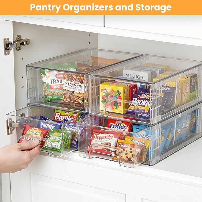 4 Pack Stackable Storage Drawers with Handles, Easy Assembly Clear Acrylic Fridge Organizer, Refrigerator Organizers and Storage for Kitchen, Under Sink, Pantry, Bathroom