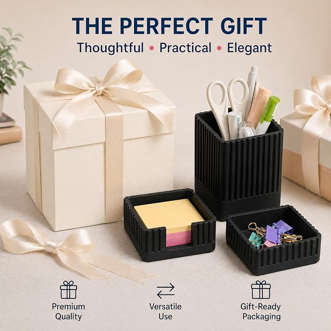 Desk Organizer Set of 3 for Office Accessories - Includes Pen Holder, Paperclip Storage, and Sticky Note Holder - Aesthetic Concrete Desktop Accessories for Women or Men, Office Decor (Black)