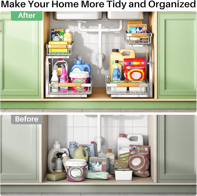 Kitstorack Under Sink Organizer, 2 Tier Under the Sink Storage, Slide out Pull out Cabinet Organizer Shelf, Metal Sliding Drawer for Kitchen Bathroom Pantry Closet Organization Rack, Silver, 2 Pack