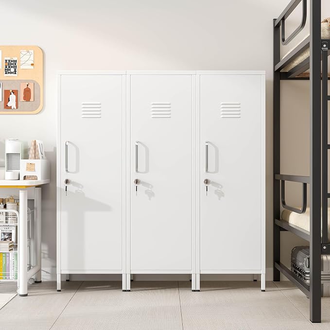 PAOFIN 47" Metal Storage Locker, Lockable Employees Metal Locker with Door and Adjustable Shelves, Steel Locker for Home, School, Office, Gym (White)