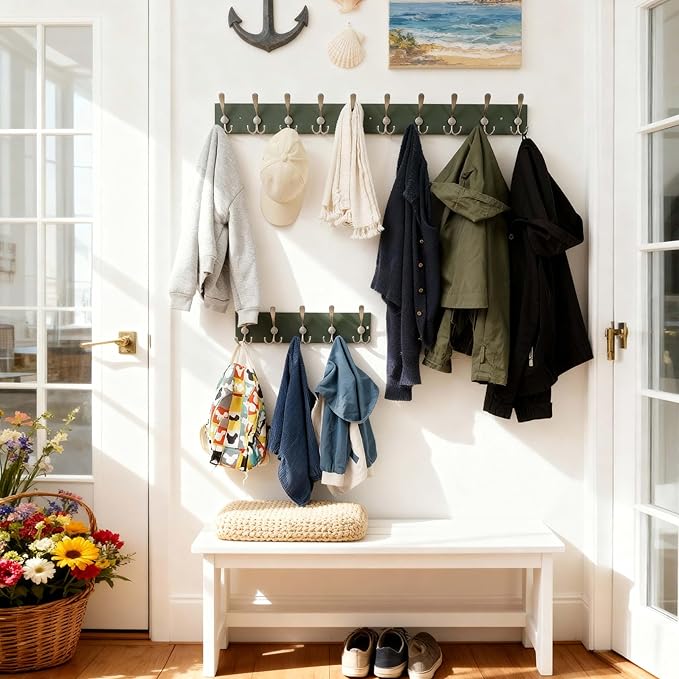 SKOLOO Creations Forest Green Solid Wood Wall Mounted Coat Rack, 10 Hooks, 38-1/8" Long - Kitchen, Mudroom, Entryway, Bathroom - Includes Mounting Hardware, Wall Coat Hanger, Towel Rack