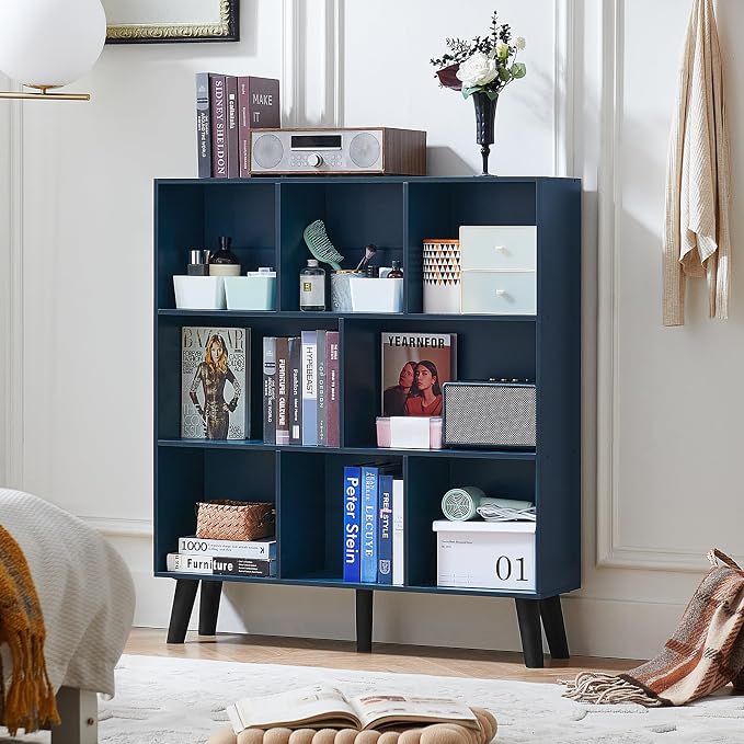 LEYAOYAO 8 Cube Bookshelf,Mid-Century Modern Book Shelf with Legs,Dark Blue | 3 Tier Bookcase, Rustic Wood Bookshelves Freestanding Large Storage Organizer, Open Shelves for Bedroom, Living Room, Office