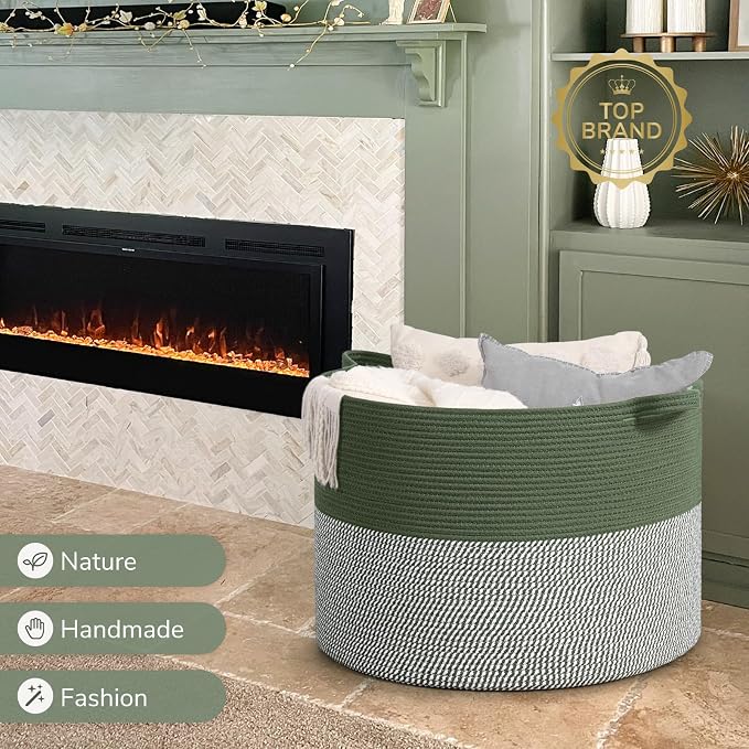 INDRESSME 115L Extra Large Woven Rope Blanket Basket Living Room Green | 23.6" x 15.7" Storage baskets for toys laundry & pillows. Fits living room, bedroom or nursery décor. Soft-touch with handles