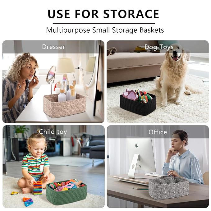 OIASKET 4 Pack Small Storage Shelf Baskets for Organizing, Mini Woven Rope Storage Bins for Towels, Cute Decorative Closet Organizer,Baby Nursery, Gift Empty Baskets -11.81''Lx7.87''Wx4.72''H-Green