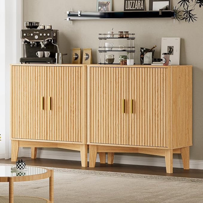 BORNOON Storage Cabinet with Doors and Adjustable Shelf, Modern Fluted Sideboard Buffet Cabinet, Freestanding Coffee Bar for Kitchen, Pantry, Entryway, Living Room (Natural Oak)