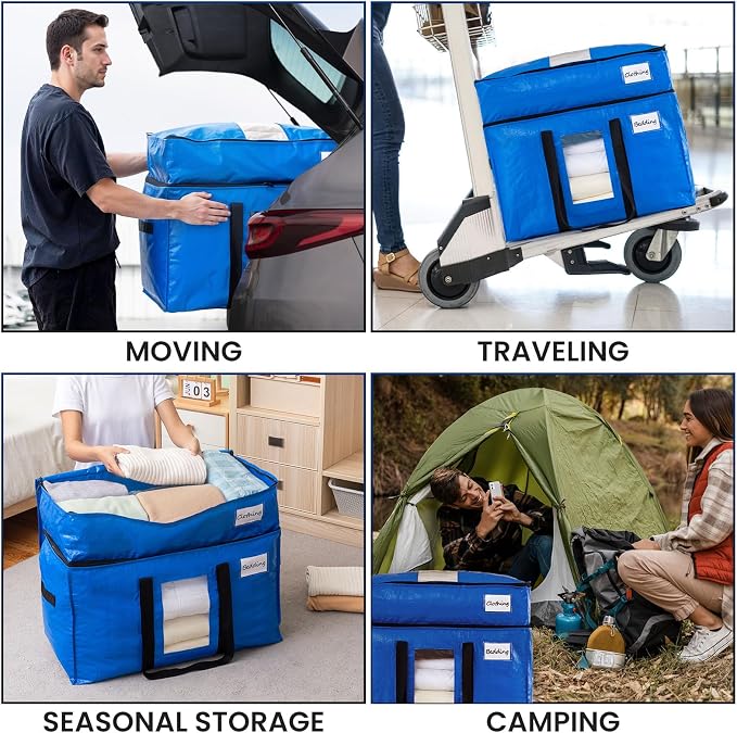 TAILI 2 Tier Extra Large Moving Bags, 2 Pack Blue Heavy Duty Totes For Storage with Visible Window, Wrap Around Handles, Storage Bags for Space Saving, Alternative to Moving Boxes