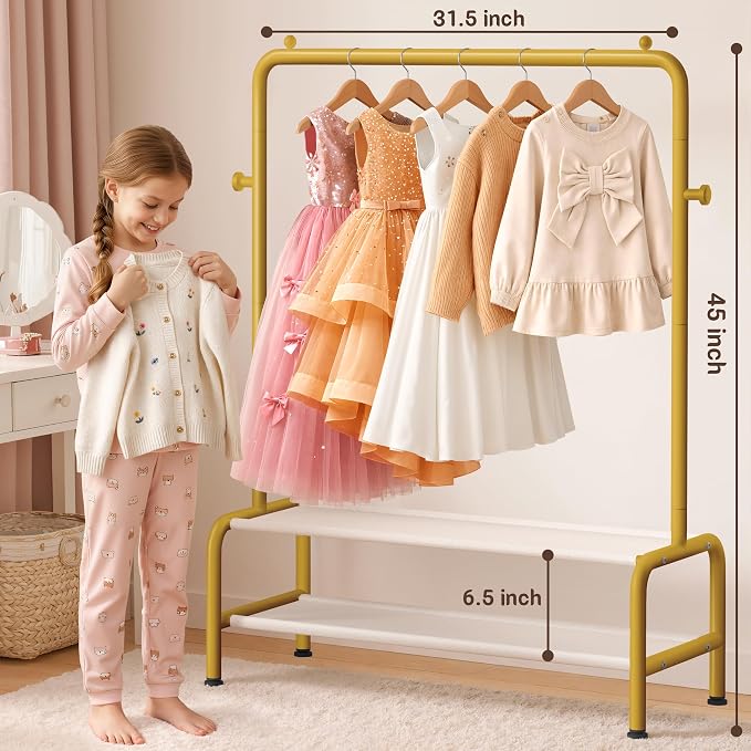 Kids Gold Clothing Rack - Dress Up Clothes Rack - Baby Toddler Closet - Freestanding Coat Racks with 2 Fabric Shelves - Small Kids Costume Wardrobe - Garment Rack for Hanging Clothes Organizer
