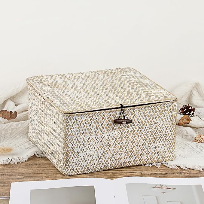 Hipiwe Wicker Shelf Basket Bin Square Handwoven Seagrass Storage Basket with Lid Home Organize Box for Bookshelf Living Room Bath Room Multipurpose Basket Container, Whitewash Large