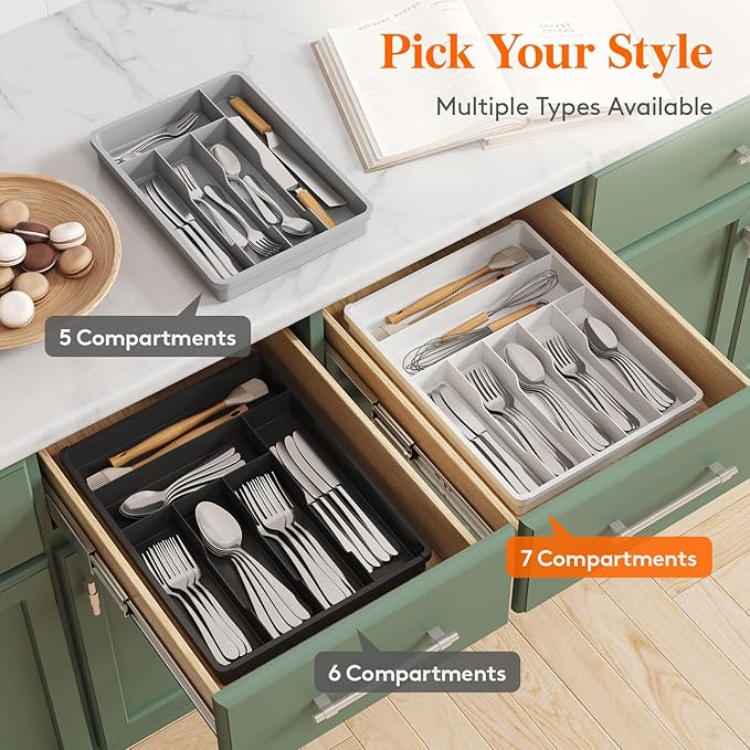 Lifewit Silverware Drawer Organizer Tray, Plastic Cutlery Storage for Kitchen, Flatware and Utensil Holder Divider for Spoons Forks Knives Tableware, 12.3 x 16", 7 Slots, Gray