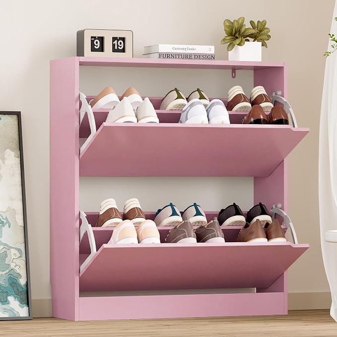 BORNOON Shoe Cabinet with 2 Flip Drawers, Slim Narrow Shoe Storage Cabinet, Freestanding Shoe Organizer with Adjustable & Removable Shelves, Top Display Shelf for Entryway, Hallway, Foyer, Closet