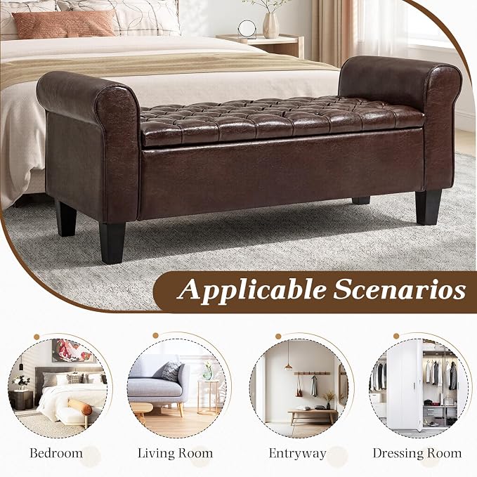 55" Storage Ottoman Bench for Living Room, End of Bed Bench with Rolled Arm Leather Ottoman with Storage Upholstered Entryway Bench Retro Style Footboard Bench for Bedroom, Brown