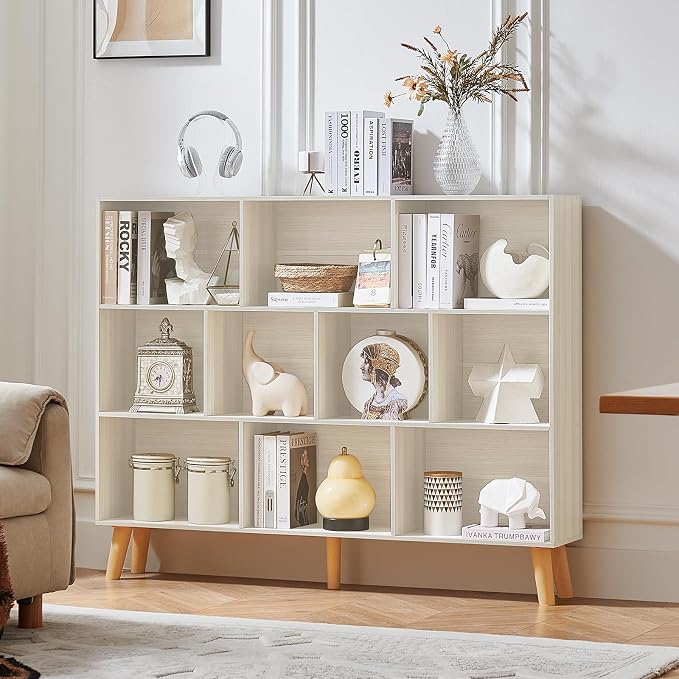 LEYAOYAO 10 Cube Bookshelf,Mid-Century Modern Bookcase with Legs,Light Grey | 3 Tier Book Shelf, 55" Wide Rustic Wood Bookshelves Large Storage Organizer, Open Shelves for Bedroom, Living Room, Office