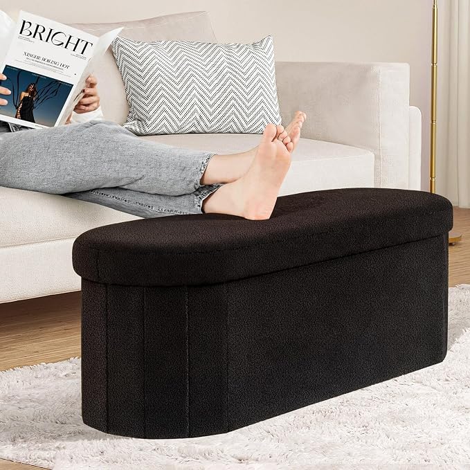 PINPLUS Storage Ottoman Bench Tufted Oval Ottomans Bench Foot Rest, Chest Box Velvet Bench with Storage 43"x15"x15" (Black)