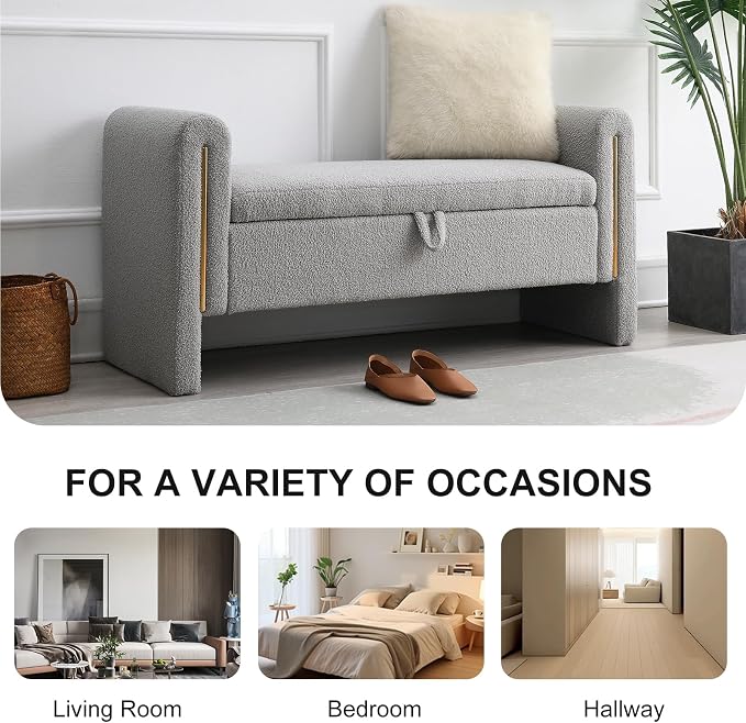 NIOIIKIT 52" Storage Ottoman Bench, Teddy Upholstered Storage Bench with Armrest, Entryway Bench with Pull-Ring, End of Bed Bench with Padded Cushion, Window Bench for Living Room (Grey)