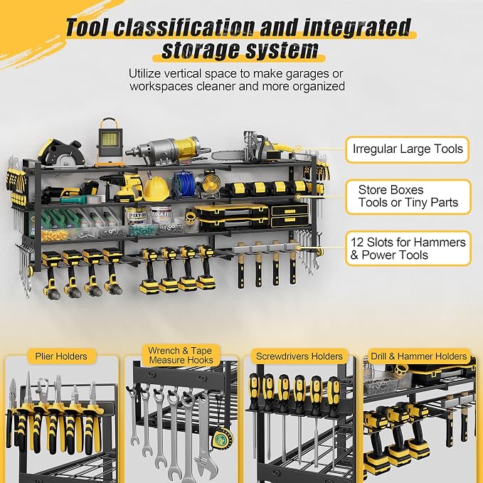 49''W Power Tool Organizer Wall Mount, 650LBS, 4 Tier, 12 Drill Holders | 3-Tube Reinforced Design, Holds 50+ Tools, Cordless Tool Organizer, Rust Resistant, Quick Assembly, Garage Gift for Men