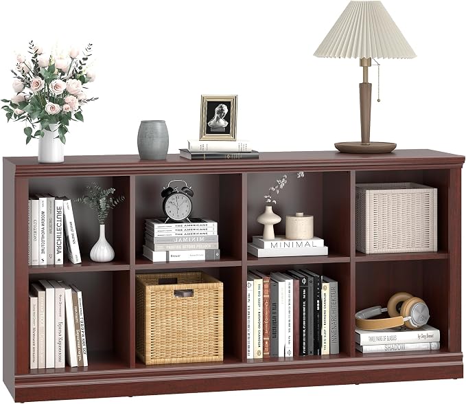 2 Tiers 8 Cube Storage Organizer Bookcase, 54 inch Width Wooden Book Shelf | 8 Storage Cube Adjustable Space Book Case, Horizontal Bookshelf Display Cabinet Organizer for Home Library Office, Mahogany