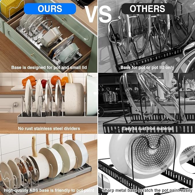 Mustorn Pots and Pans Organizer Under Cabinet, 22" Expandable Food Storage Container Lid Organizers with 9 Adjustable Dividers Pot and Pan Lid Holders Rack Inside Cabinet/Countertop(1 Pack, Gray)