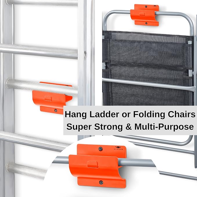 Orange Heavy Duty Ladder Hooks - Garage Wall Mount Storage Hanging Bracket | Holds Wheelbarrows, Step Ladders and Folding Chairs, Versatile Tool Organiser for Garage, Easy to Install
