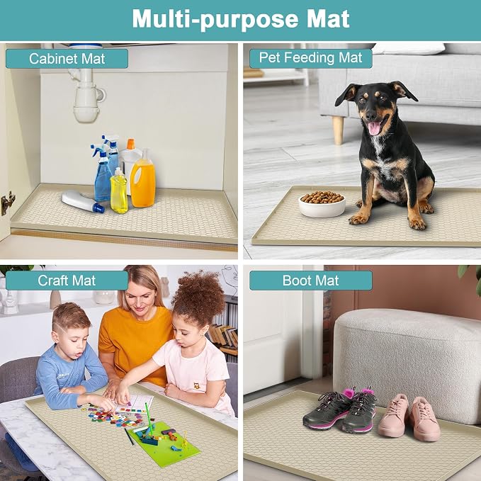 Under Kitchen Sink Mats and Protectors Waterproof, Silicone Under Sink Mat for 34" x 22" Cabinets, Under Sink Tray Organizer, Shelf Liner Cabinet Liner for Kitchen and Bathroom, Beige