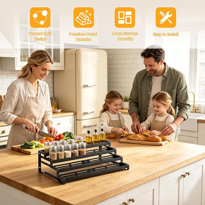 Spice Rack Organizer for Cabinet, 13-21.5" Expandable Spicy Shelf | 11.6" Wide 4-Tier Black Metal Seasoning Organizer, Kitchen Spice Organization, Slip-Resistant Guardrails for Jars and Cans