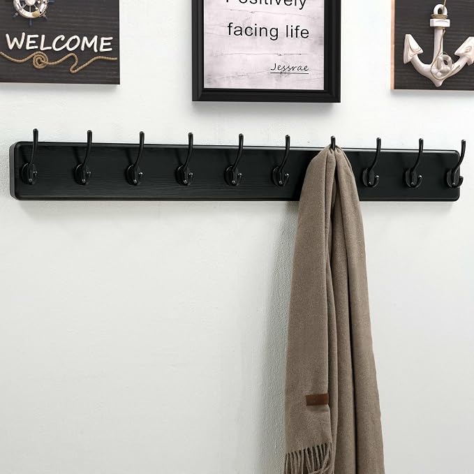 Coat Rack Wall: 38-1/4" Long, Patented, Heavy-Duty, 10-Double-Hooks Wooden Wall Mounted Coat Rack Coat Hanger Hook Rail for Winter Coats Hat Jacket Clothing, Black