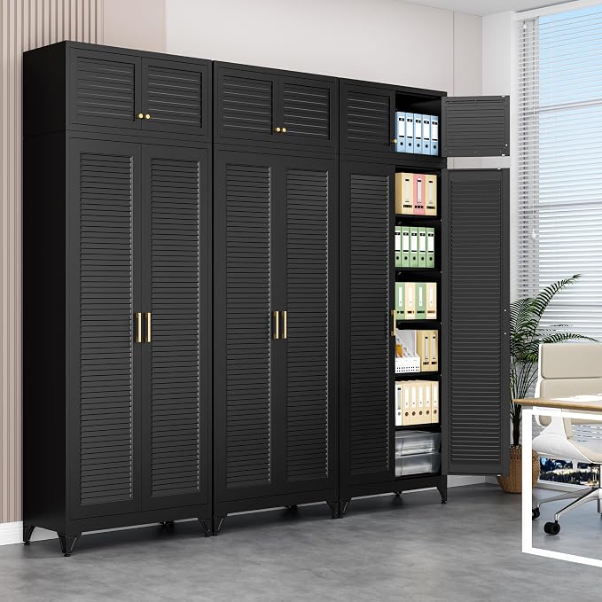 Polup 90" Tall Metal Kitchen Pantry Storage Cabinet with Doors and Shelves | Heavy-Duty Black Cabinet, 5 Adjustable Shelving, Gold Handles, Louvered Doors, for Dining Living Room, Bathroom & Garage
