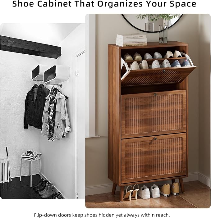 Fsbecl Shoe Storage Cabinet for Entryway with 3 Fluted Flip Drawers, Walnut | 23.6'' Narrow Freestanding Shoe Rack with Adjustment Shelves, Wooden Hidden Organizer for Hallway Foyer, 12-18 Pairs